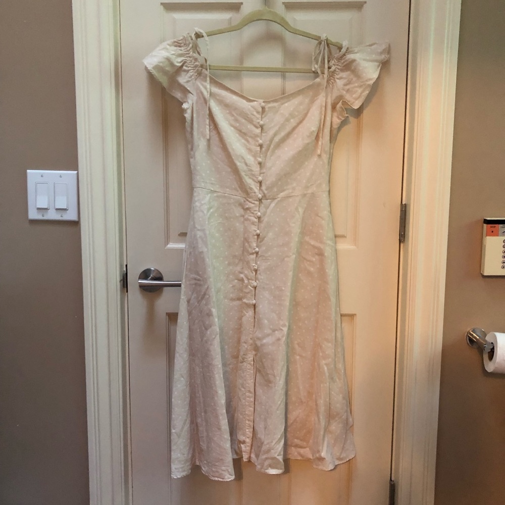 Colleen beige polka dot off-the-shoulder dress